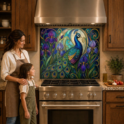 Exotic blue and green peacock feather glass backsplash behind a gas cooktop
