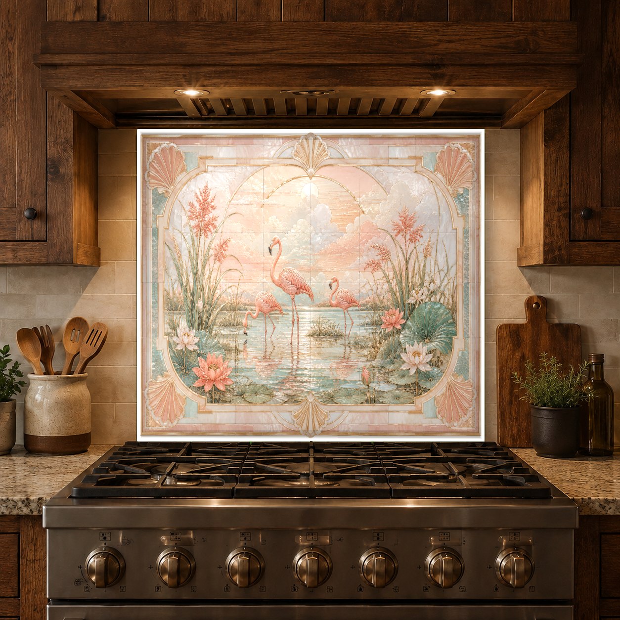 Custom sized pink flamingos glass backsplash protecting a kitchen prep station
