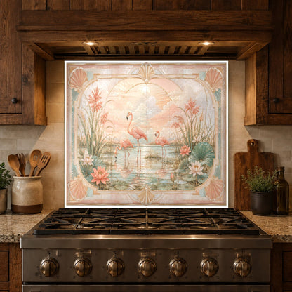 Custom sized pink flamingos glass backsplash protecting a kitchen prep station