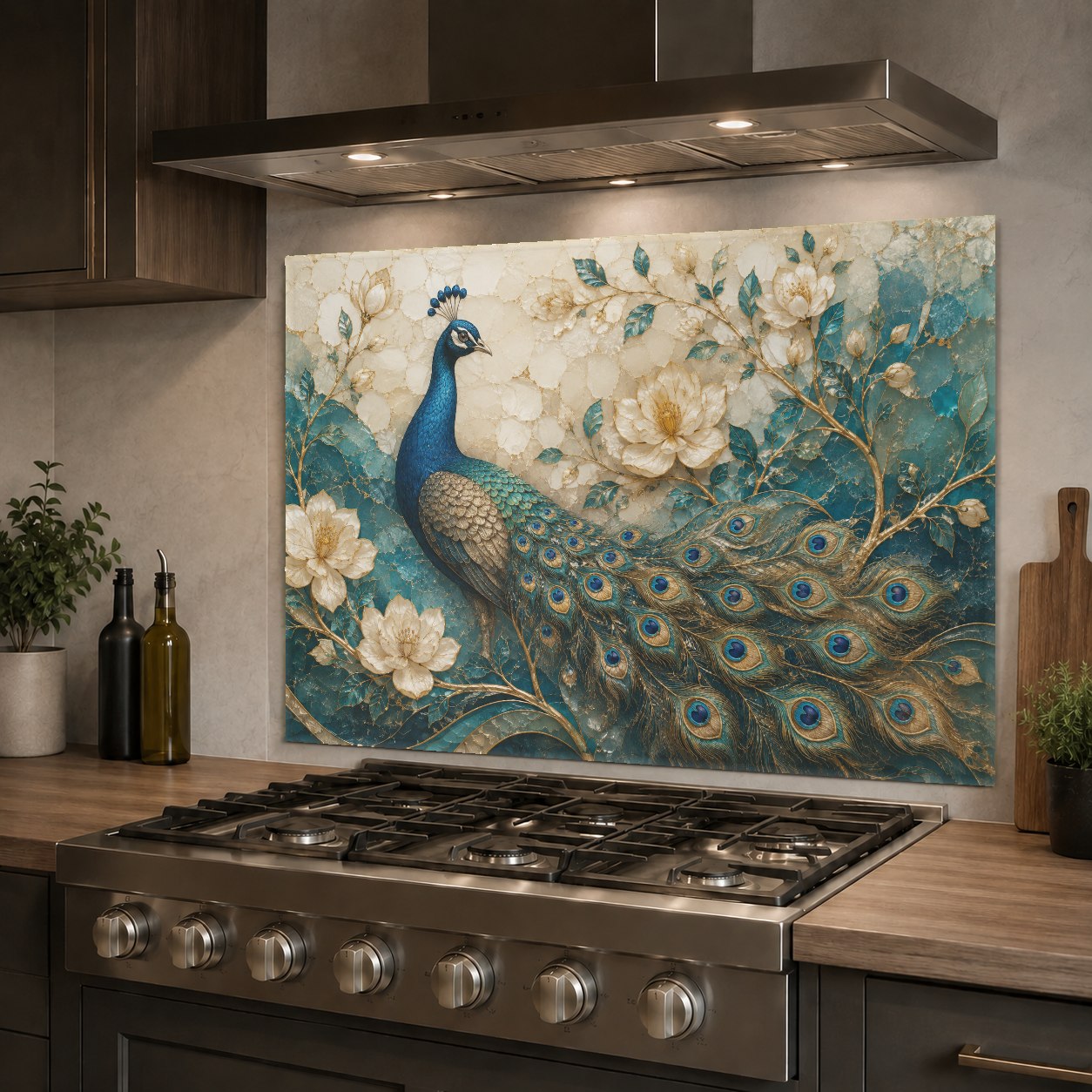 Stove splash guard featuring detailed peacock feathers in an upscale kitchen with white quartz countertops.