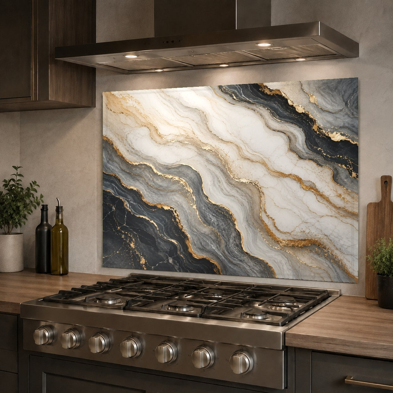 Modern kitchen featuring a liquid marble flow glass backsplash panel behind a stainless steel sink.