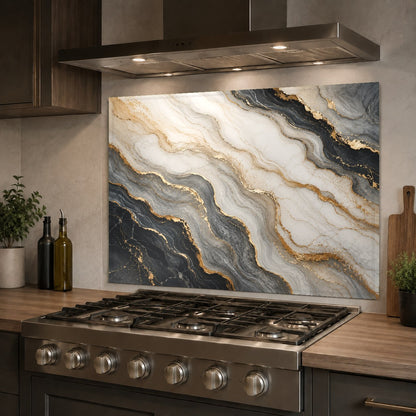Modern kitchen featuring a liquid marble flow glass backsplash panel behind a stainless steel sink.