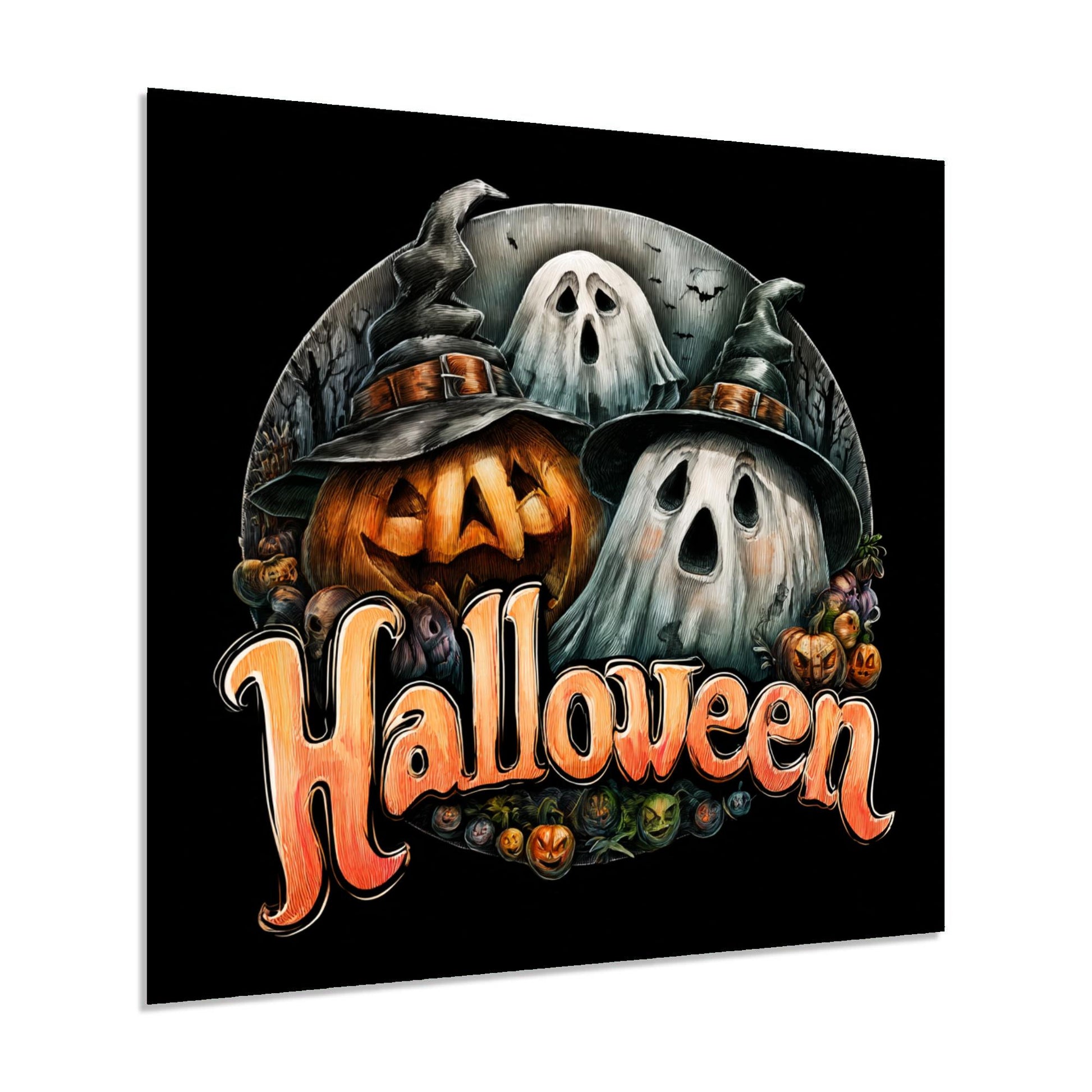 Halloween-themed design with pumpkins and ghosts on a black background