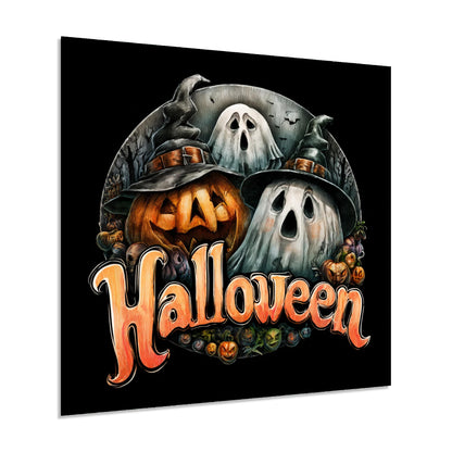 Halloween-themed design with pumpkins and ghosts on a black background