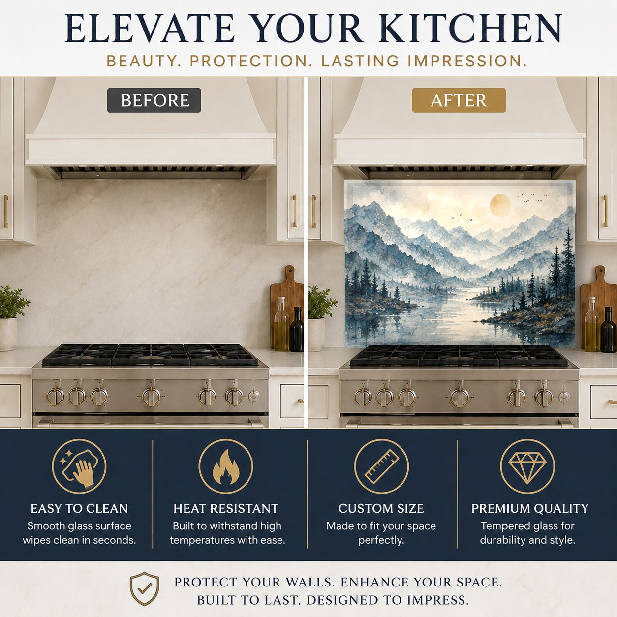Scenic blue and grey glass backsplash panel protecting the wall behind a farmhouse kitchen sink.