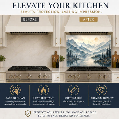 Scenic blue and grey glass backsplash panel protecting the wall behind a farmhouse kitchen sink.