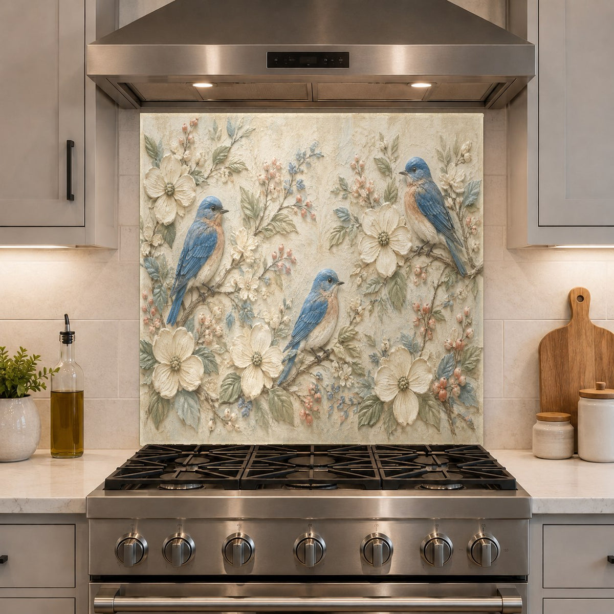 Blue bird patterned glass backsplash panel reflecting modern kitchen lighting