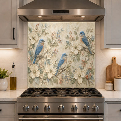 Blue bird patterned glass backsplash panel reflecting modern kitchen lighting