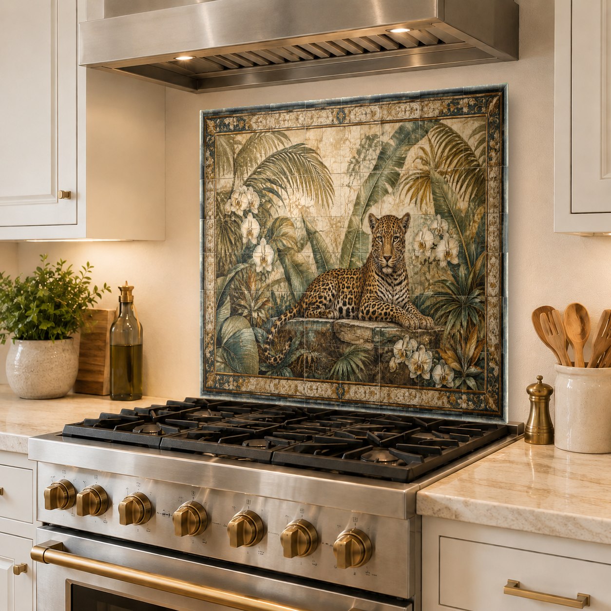 Vibrant leopard print tempered glass backsplash in a contemporary kitchen