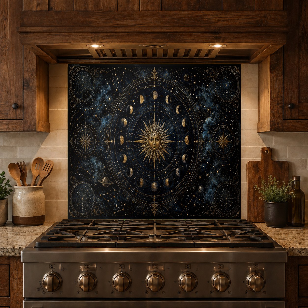 Durable tempered glass kitchen backsplash with a detailed star chart design