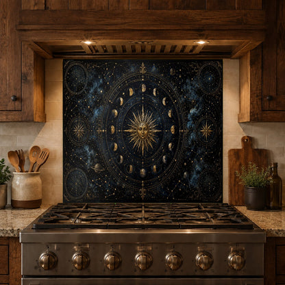 Durable tempered glass kitchen backsplash with a detailed star chart design