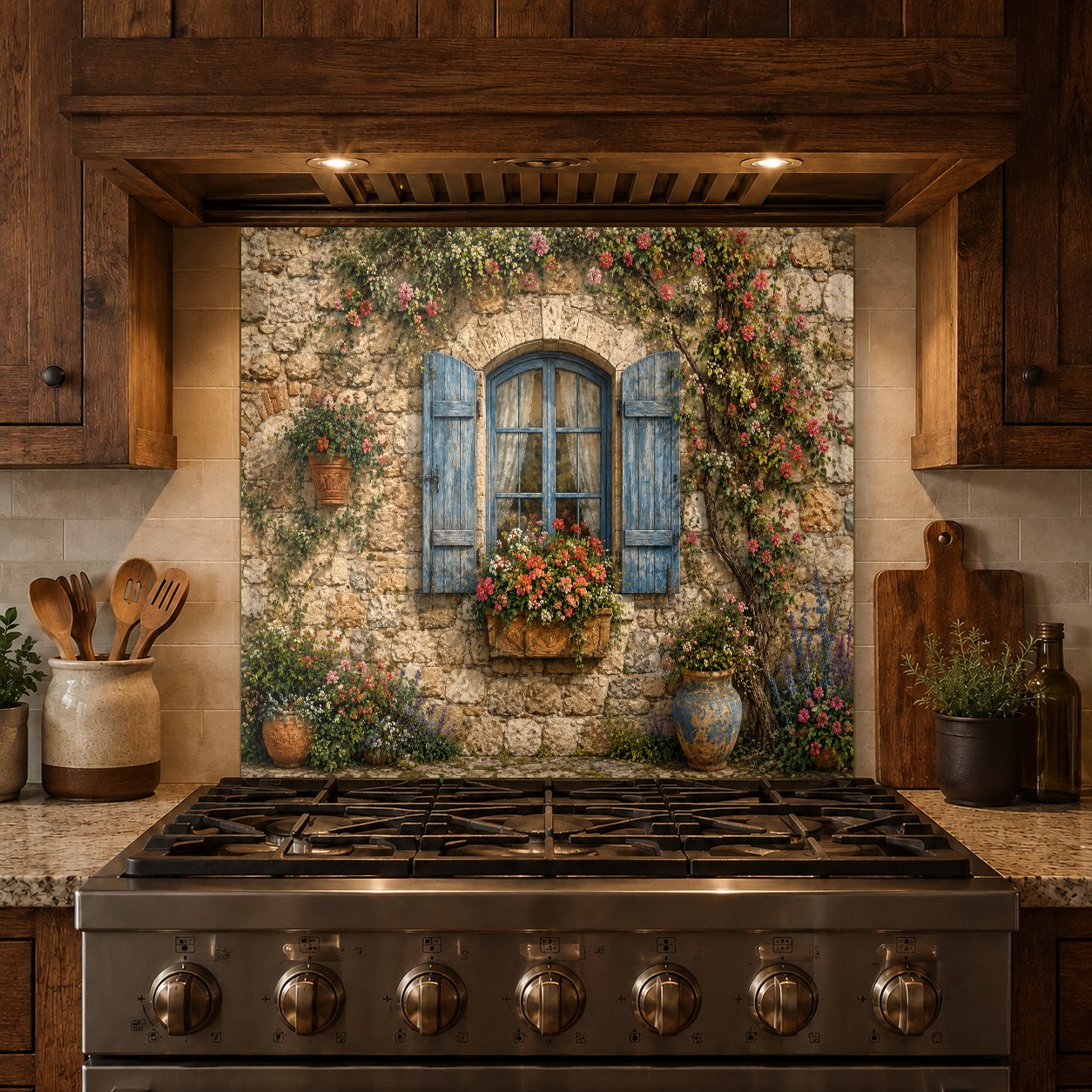 Elegant home bar area with a rustic window tempered glass backsplash panel as a focal point