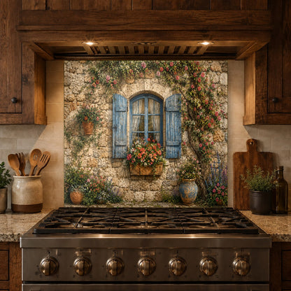 Elegant home bar area with a rustic window tempered glass backsplash panel as a focal point
