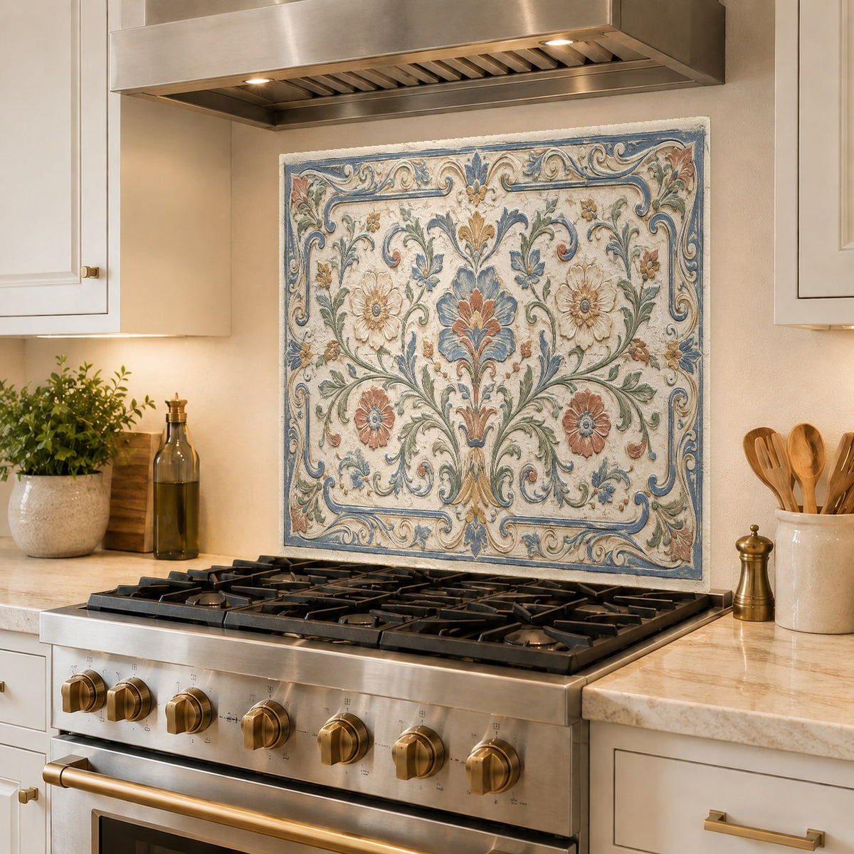 Hygienic grout-free tile look glass backsplash protecting a modern kitchen wall from cooking oil splashes.