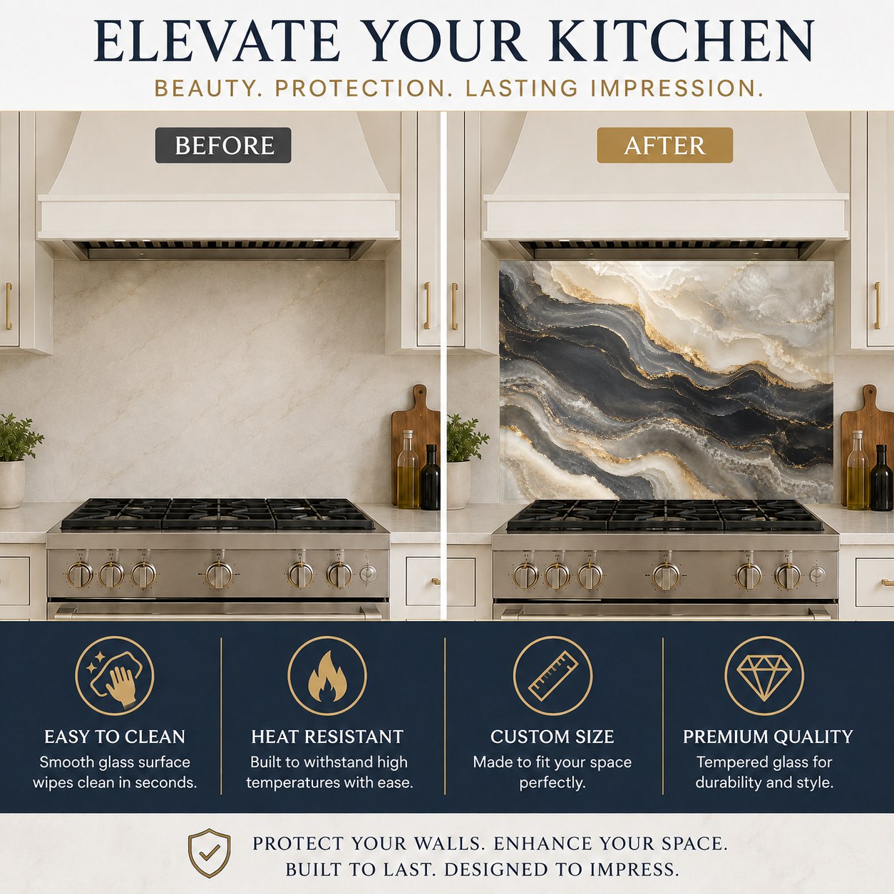 Modern kitchen featuring a sleek Golden Onyx glass backsplash