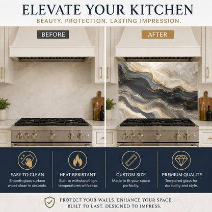 Modern kitchen featuring a sleek Golden Onyx glass backsplash