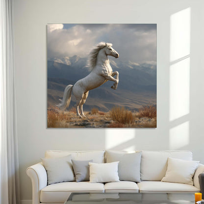 White horse painting on a wall above a white sofa with cushions.