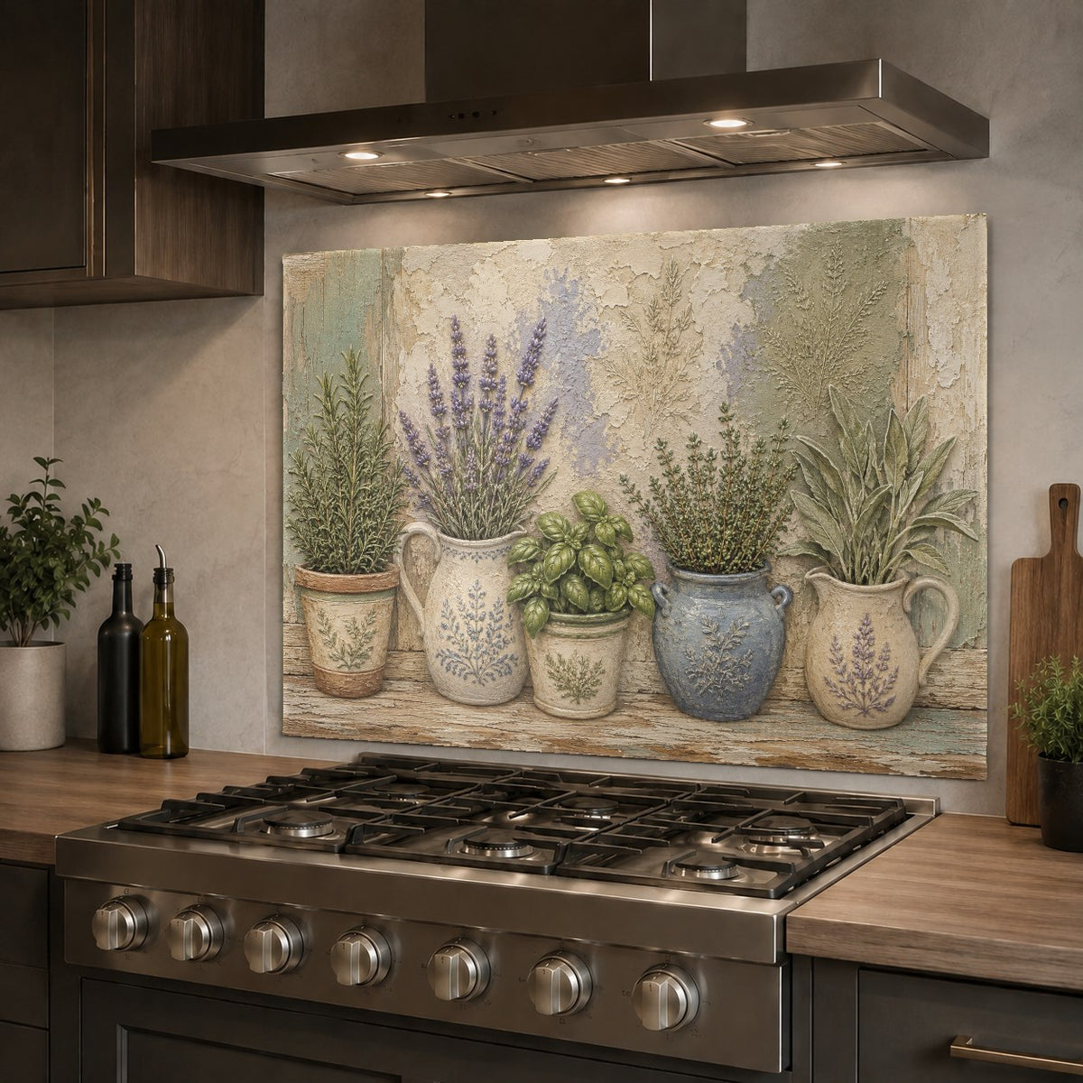 Pot flowers glass backsplash panel installed on a kitchen island wall