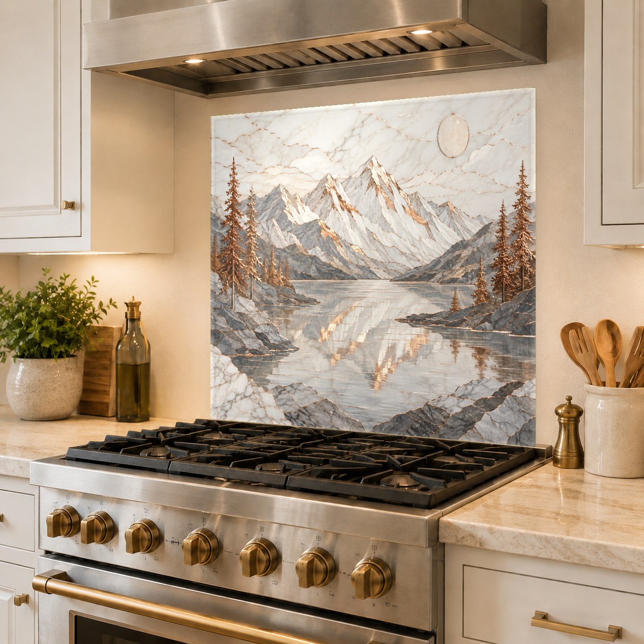Stunning kitchen island wall featuring a copper lake glass panel that complements bronze hardware.