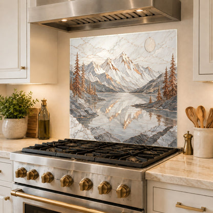 Stunning kitchen island wall featuring a copper lake glass panel that complements bronze hardware.