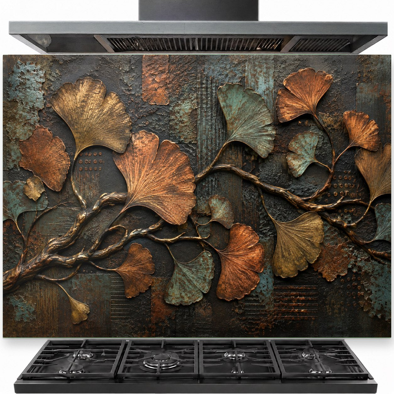 Ginkgo metal tempered glass backsplash installed behind a modern kitchen stove