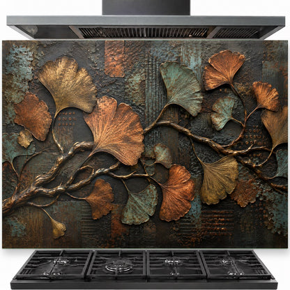 Ginkgo metal tempered glass backsplash installed behind a modern kitchen stove