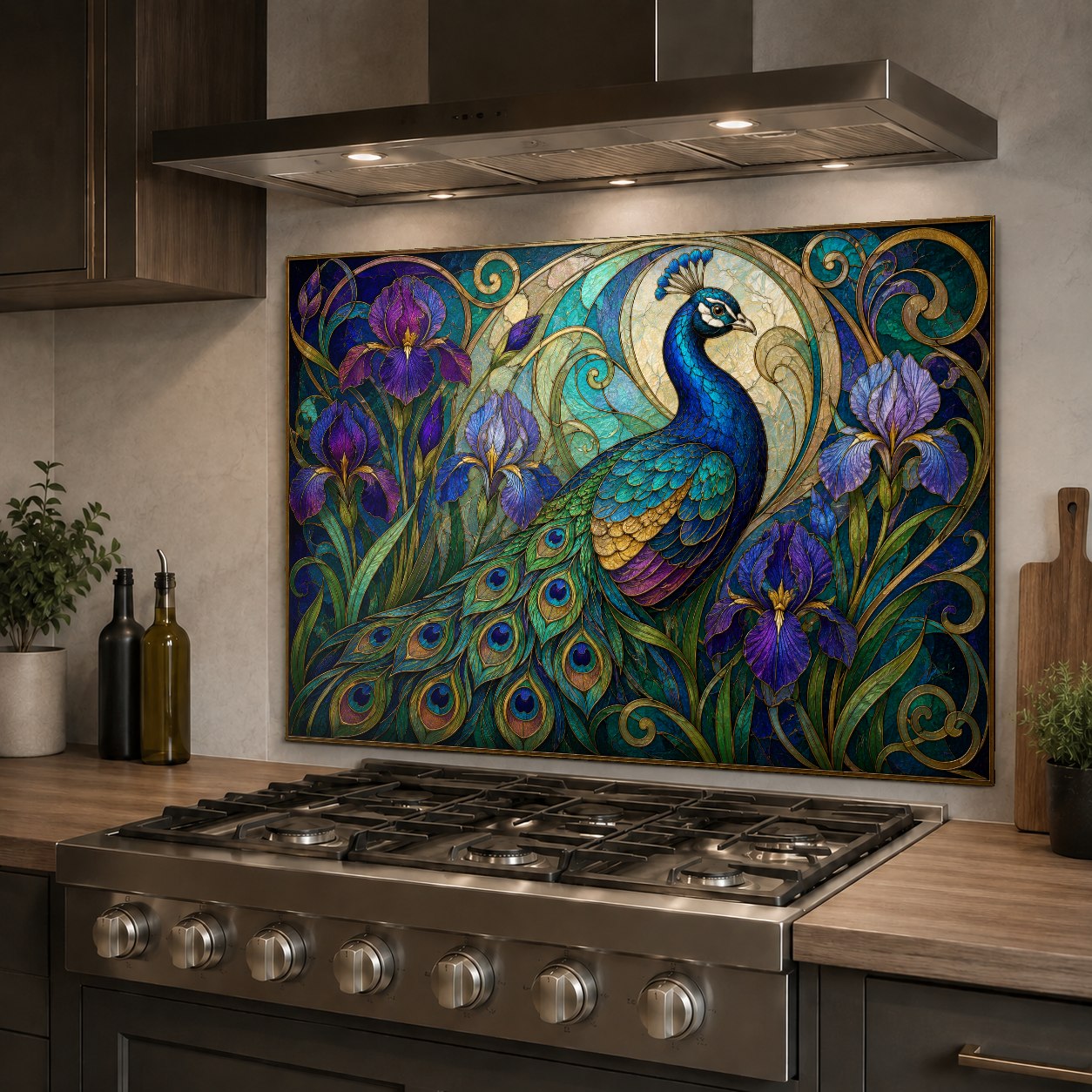 Luxurious peacock design glass kitchen backsplash panel above a sink wall
