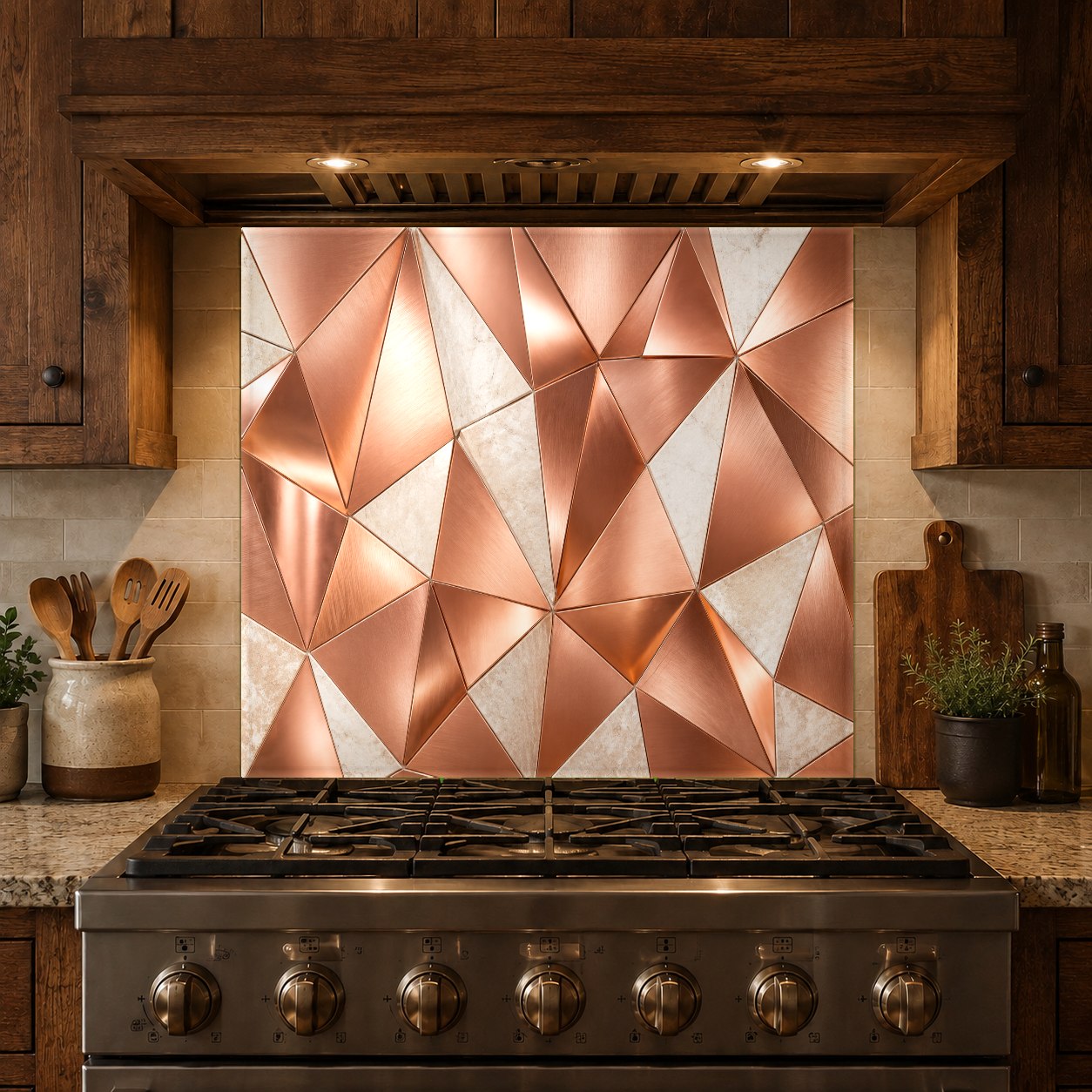 Custom-sized abstract copper glass backsplash installed in a bright modern kitchen