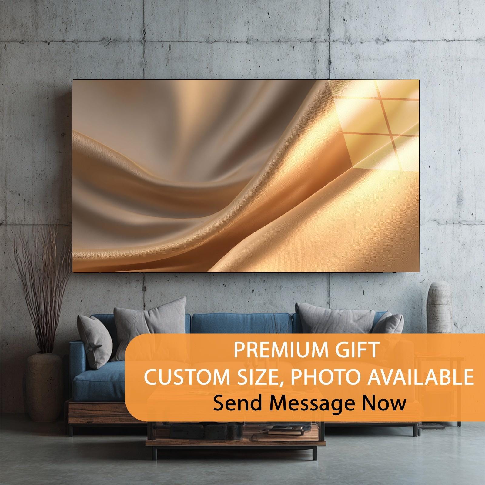 Abstract art piece on a wall above a sofa with promotional text overlay.