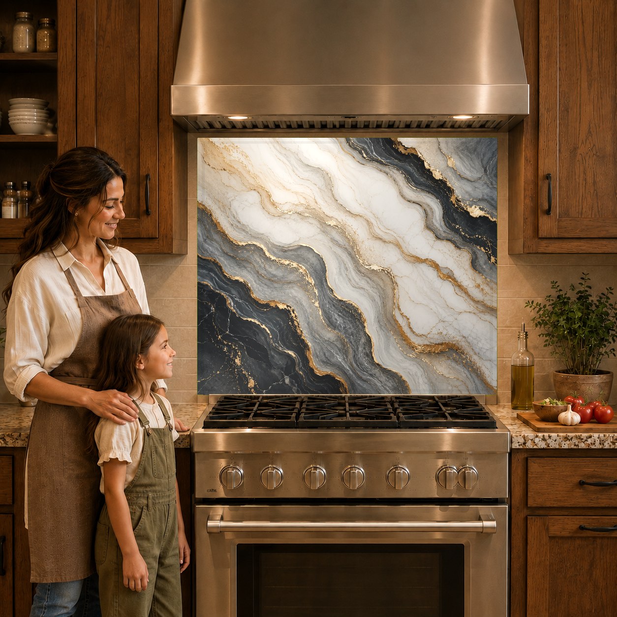 Sleek grey and gold marble pattern glass backsplash protecting the wall behind an induction cooktop.