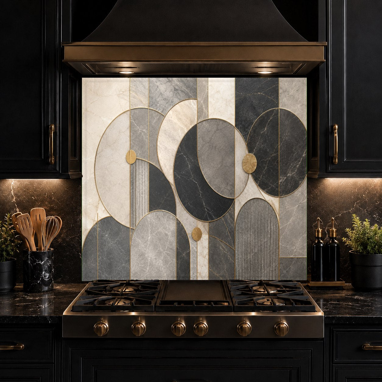 Heat-resistant glass backsplash with bold geometric lines installed behind a professional range.