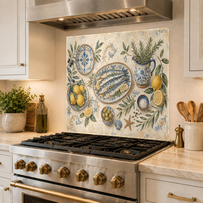 Seamless installation of a custom-sized lemon fish glass backsplash panel over existing kitchen tiles.