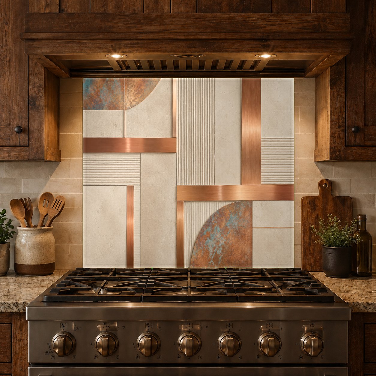 Elegant copper art glass backsplash installed on a kitchen wall behind a sleek cooktop.