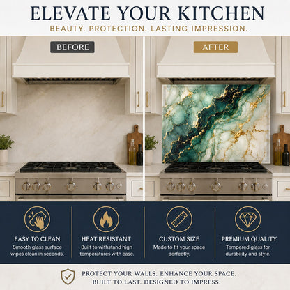 Vibrant emerald veins glass kitchen backsplash panel mounted behind a sleek stainless steel sink.