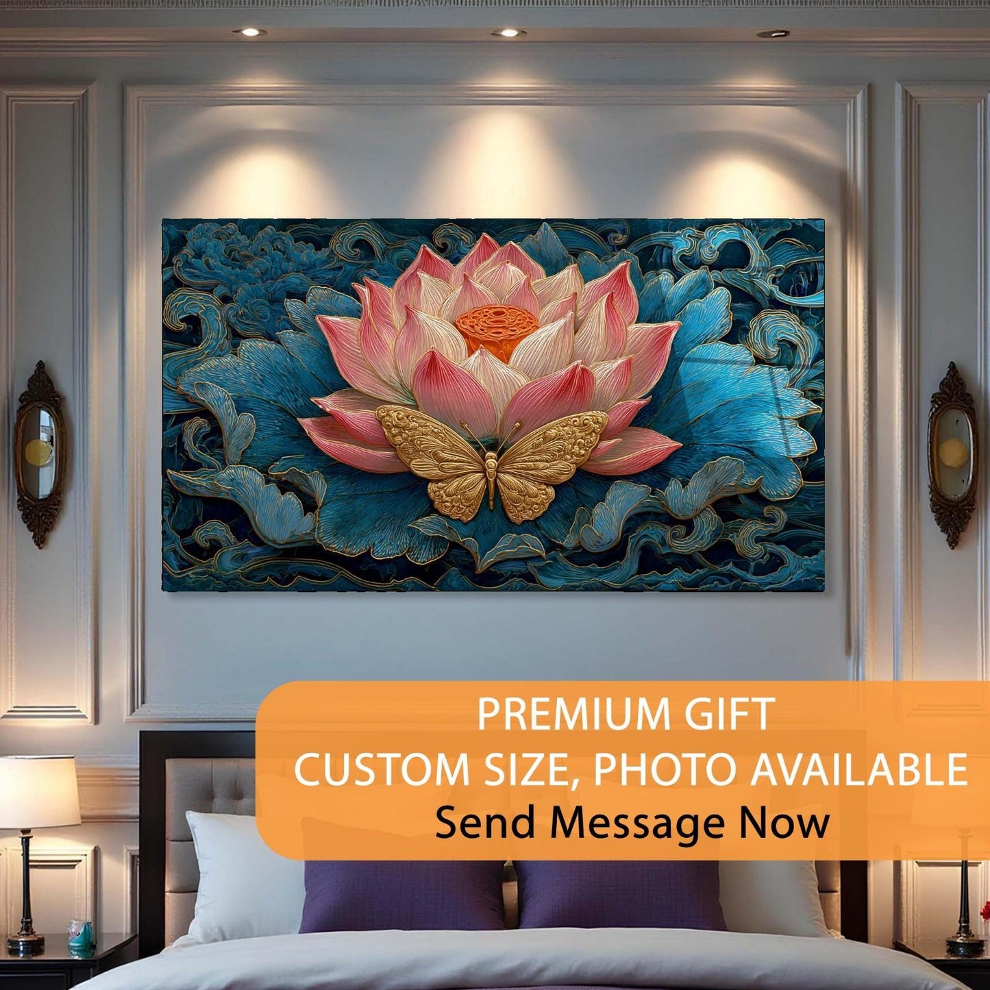 Decorative wall art with a pink flower and butterfly on a blue background in a bedroom setting.