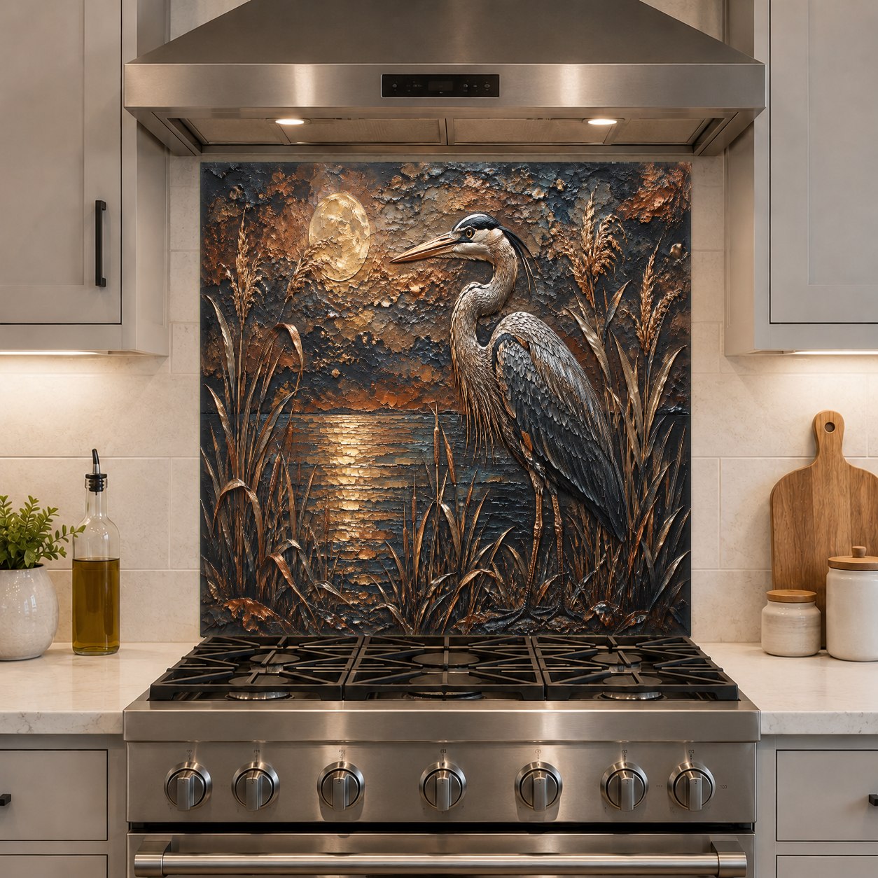 Durable kitchen backsplash panel with a glowing moonlit heron design, perfect for coastal or rustic kitchens.