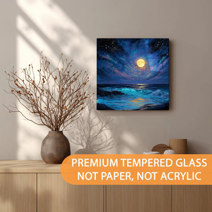 Canvas print of a moonlit ocean scene on a wall above a wooden shelf with decorative items.
