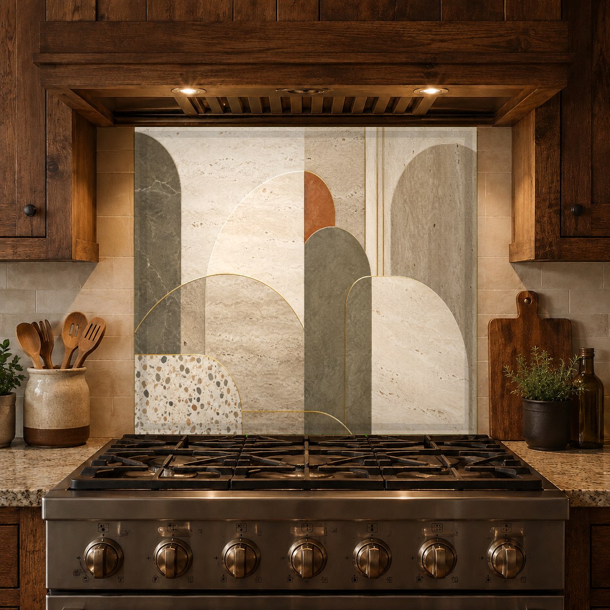 Luxury kitchen design showcasing a custom Abstract Flow tempered glass backsplash behind the range.