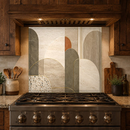 Luxury kitchen design showcasing a custom Abstract Flow tempered glass backsplash behind the range.
