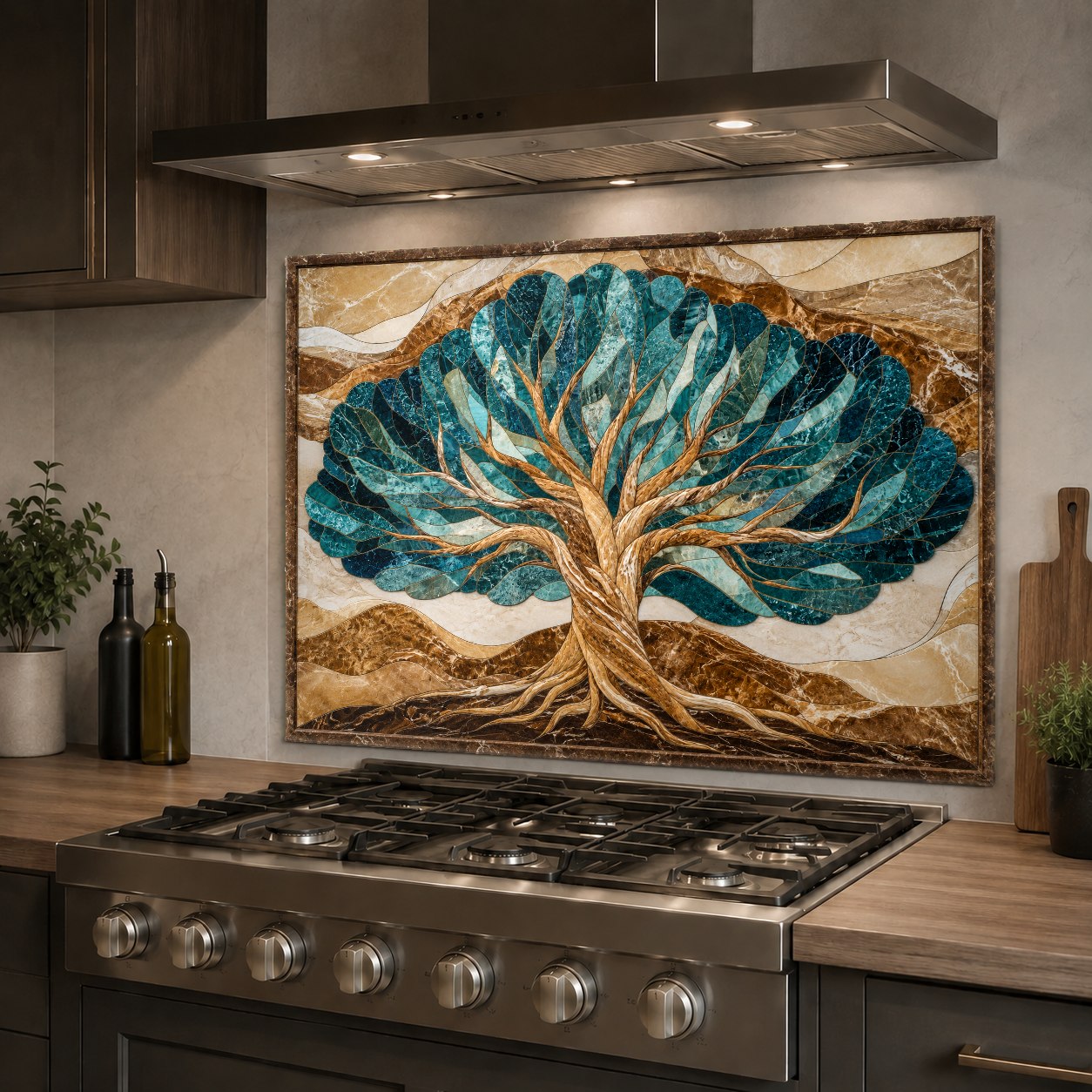Seamless heat-resistant kitchen glass backsplash with Tree of Life motif