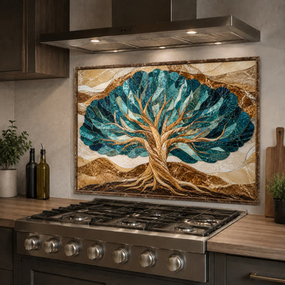 Seamless heat-resistant kitchen glass backsplash with Tree of Life motif