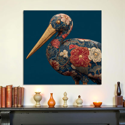 Decorative wall art of a stylized pelican with floral patterns on a dark blue background, displayed above a shelf with decorative items.