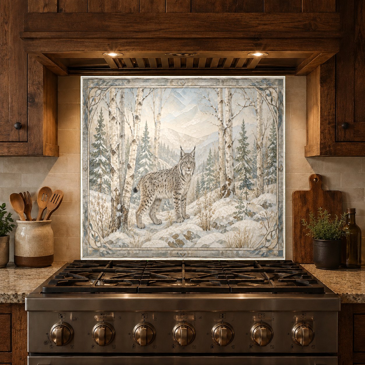 Custom size winter forest wildlife tempered glass kitchen backsplash