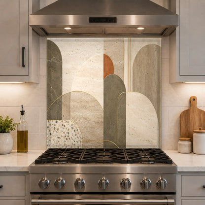 Close-up of a high-gloss abstract flow glass backsplash behind an induction cooktop.