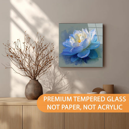 Decorative painting of a blue flower on a wall above a wooden shelf with a vase and branches.