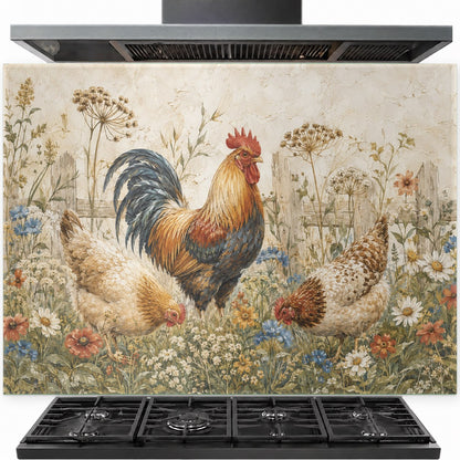 Rustic rooster tempered glass backsplash installed behind a gas stove in a warm country kitchen.