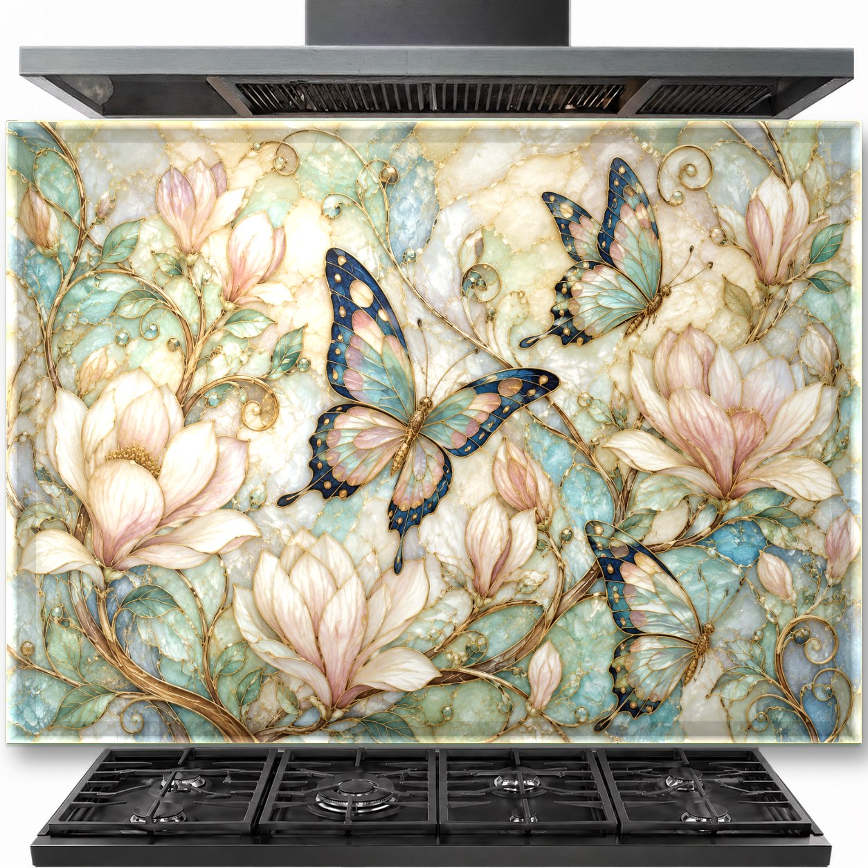 Butterfly tempered glass backsplash behind stove in modern kitchen