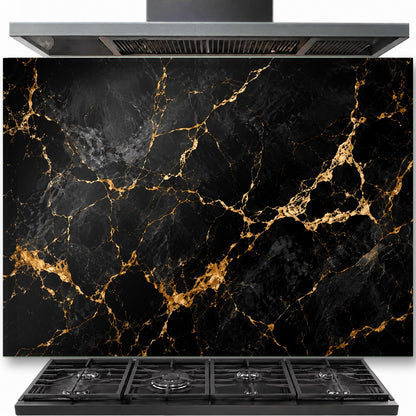 Noir marble tempered glass backsplash installed behind a professional gas stove in a modern dark kitchen.