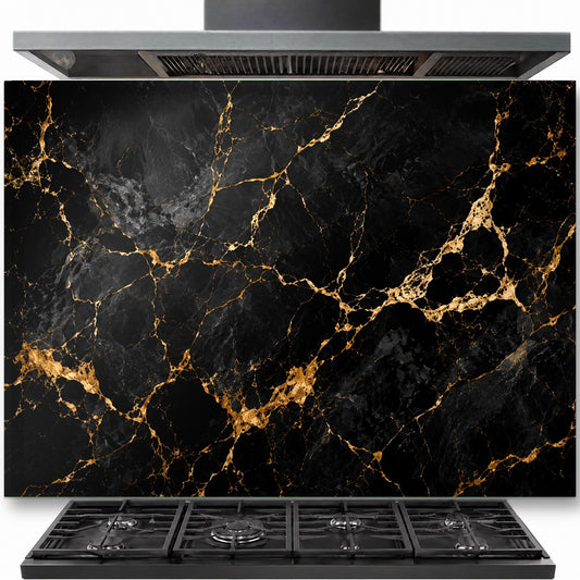 Noir marble tempered glass backsplash installed behind a professional gas stove in a modern dark kitchen.