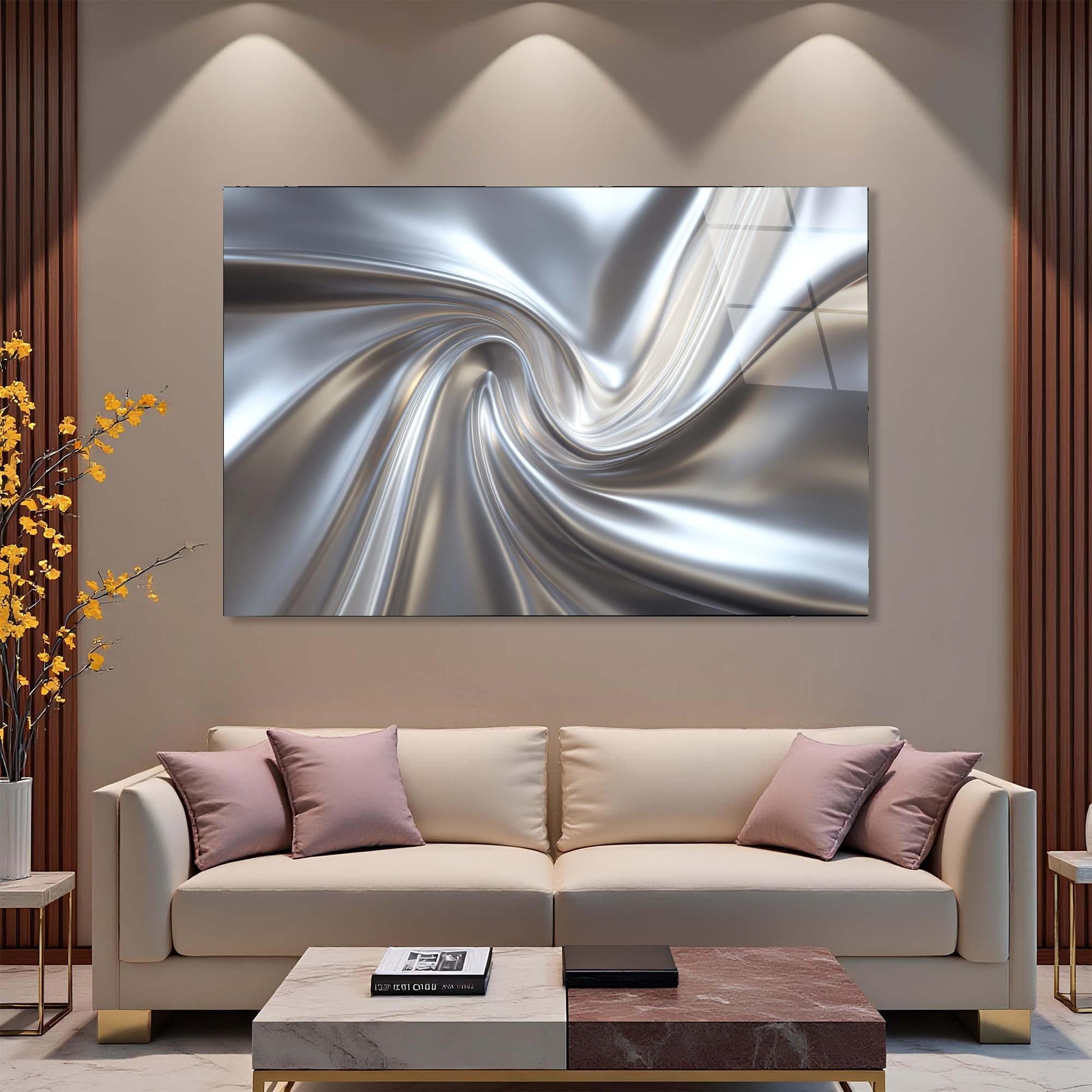Modern living room with a large abstract painting on the wall above a beige sofa.